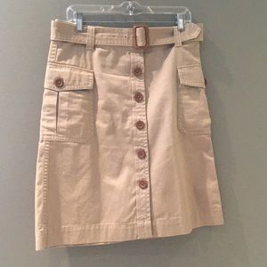 front button knee length khaki skirt